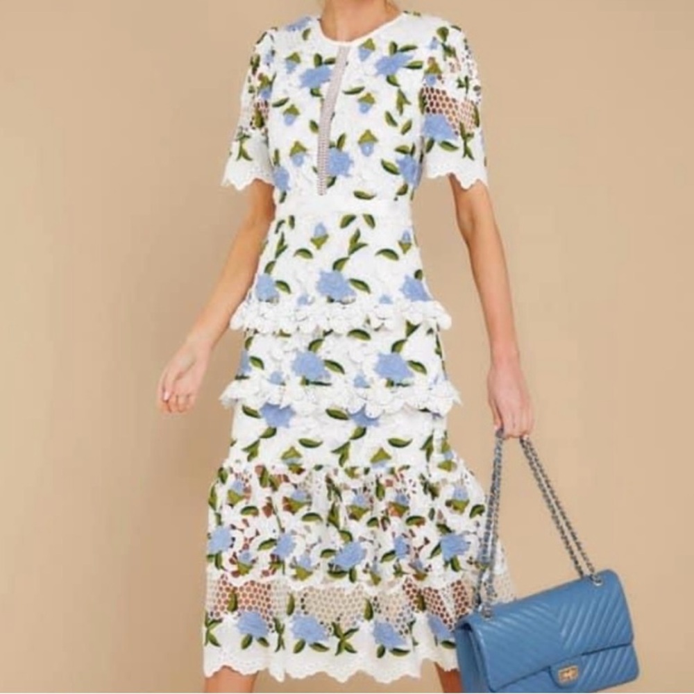 Floral Lace Dress in White and Blue, size Small